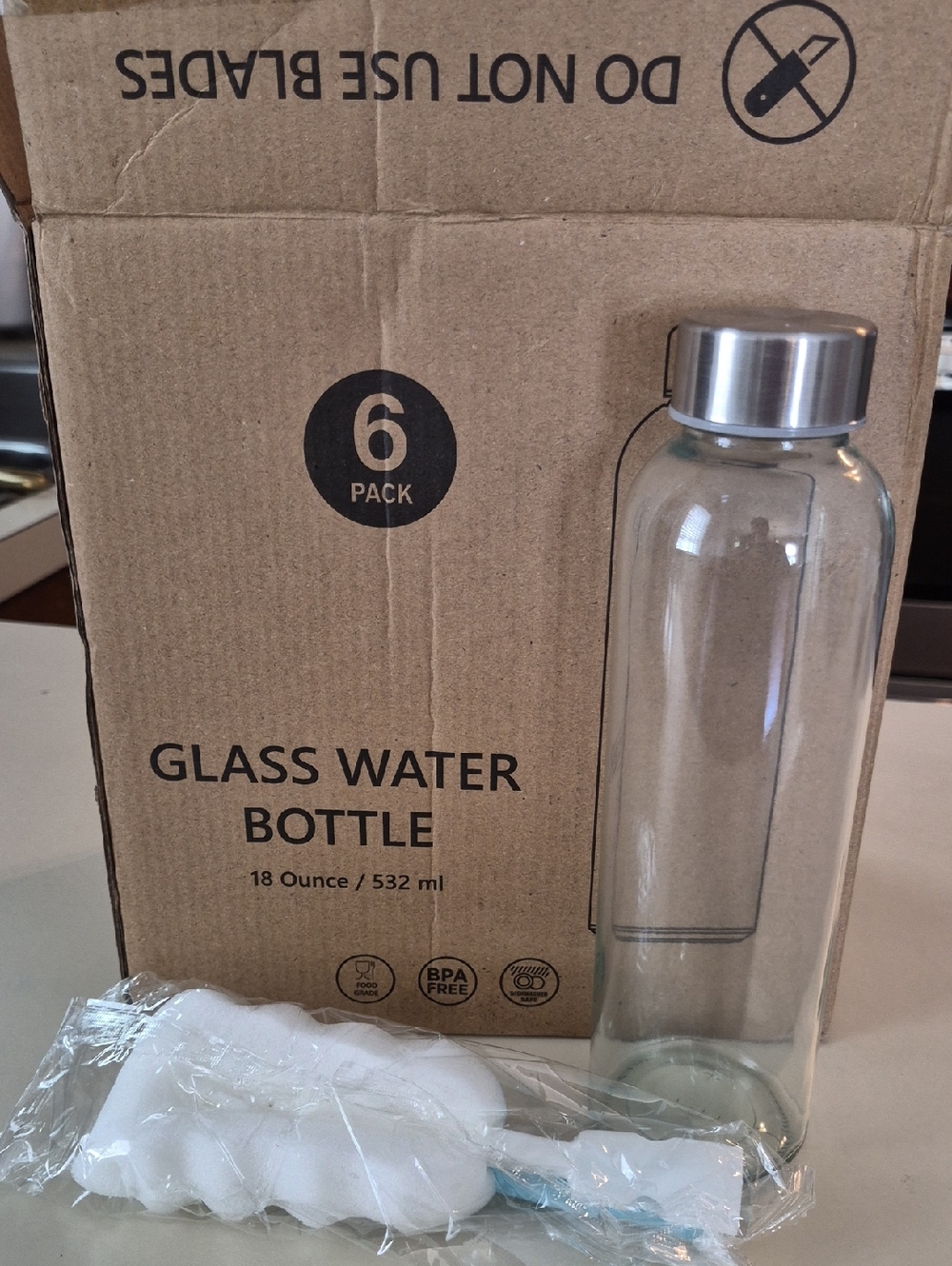 NIB Set Of 6 Glass Water Bottles with Stainless Steel Cap - Clear